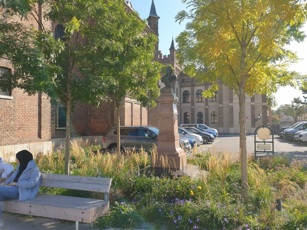 Sitzbank mit Staudenbeet und Bäume